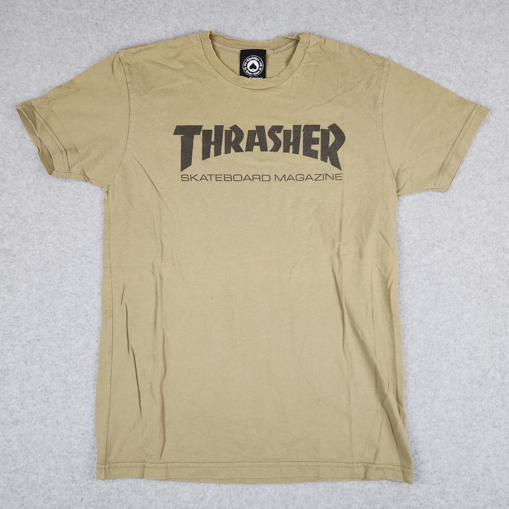 Thrasher T-Shirt Mens Small Tan Skateboard Magazine Graphic Logo Skate Tee